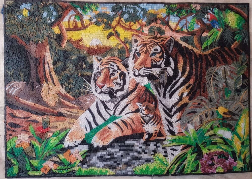 Tiger Porträt Marmor Mosaik Wandkunst handgefertigtes Marmor -Mosaik -Wandbild