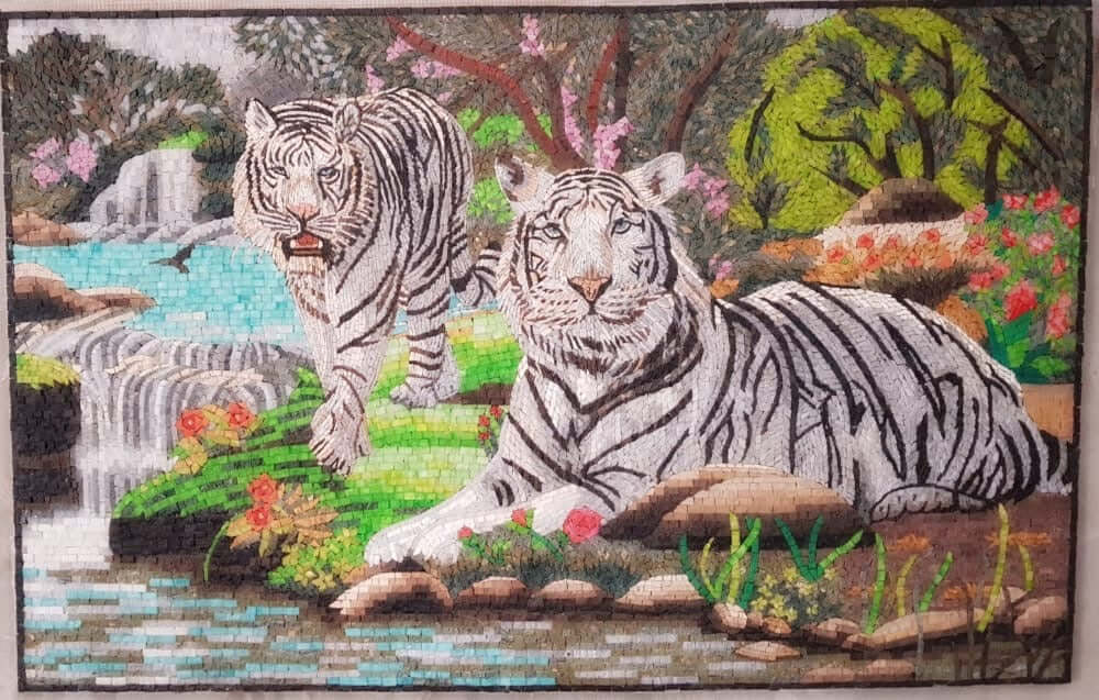 White Tigers Portrait Marble Mosaic Wall Art Handcrafted Marble mosaic Mural