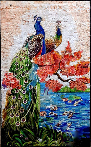 Colourful Peacocks wall Tile Handmade Marble Mosaic Wall Mural