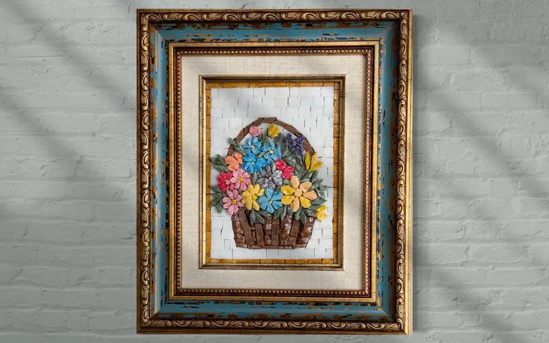 Colorful Flower Mosaic Basket Marble Tile Art | Flower Mosaic Wall Art For New House Decoration | Flower Lover Gift