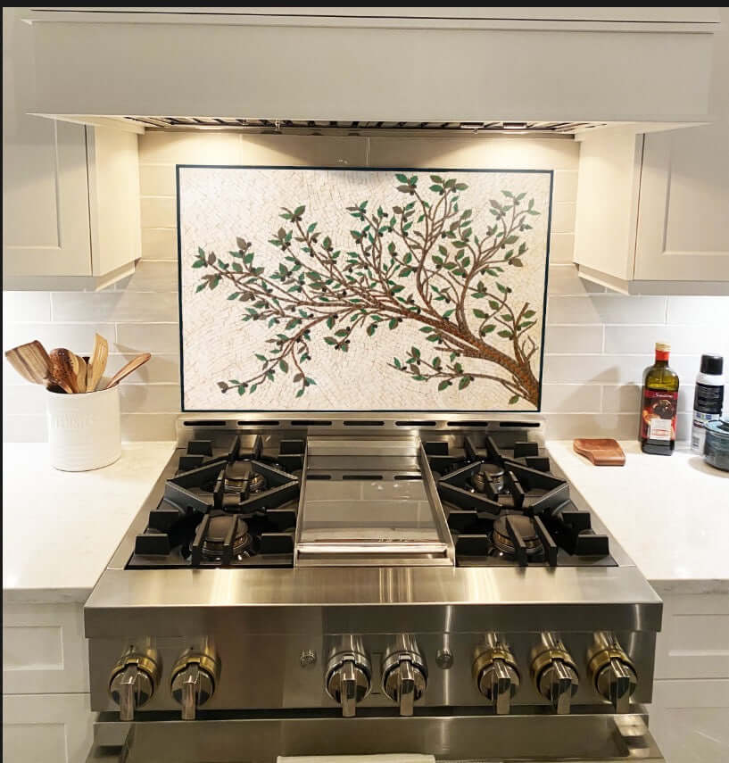 Kitchen Backsplash | Olive Tree Branches and Leaves Marble Mosaic Tile