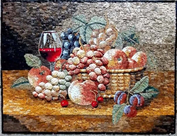 Mosaic Kitchen Backsplash – Fruit Basket and Wine Marble Tile Art