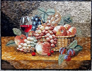 Mosaic Kitchen Backsplash – Fruit Basket and Wine Marble Tile Art