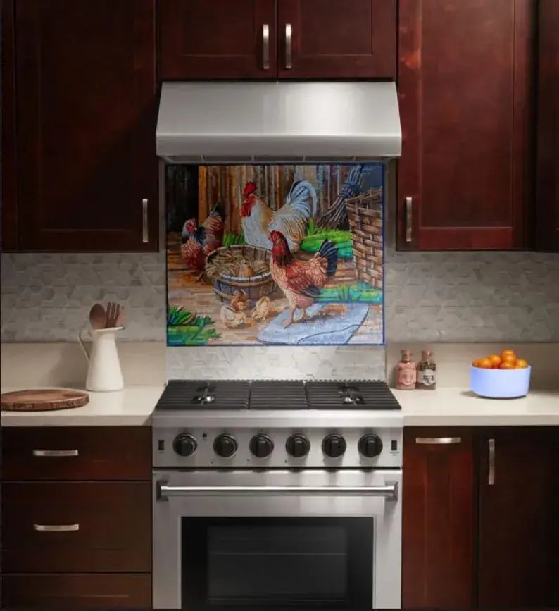 Mosaic Kitchen Backsplash | Roosters Marble Mosaic Tile Wall Art
