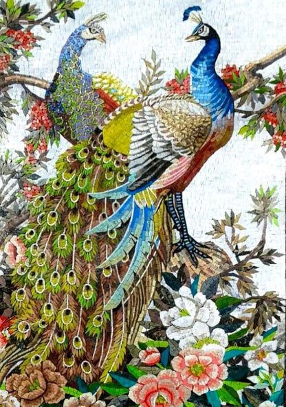 Handcrafted Peacocks Mosaic wall Art Marble Mosaic Murals