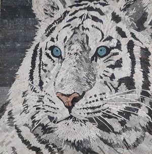 White Tiger Mosaic Marble Tiles Wall Art | Wildlife Jungle Mosaic Art For Living Room Decor