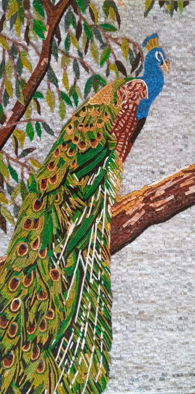 Colorful Peacocks Handmade Marble Mosaic Wall Art with Intricate Designs