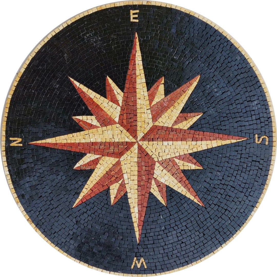 Handmade Marble Compass Rose Nautical Mosaic Medallion Flooring Tiles for Tabletops Floors and Pools