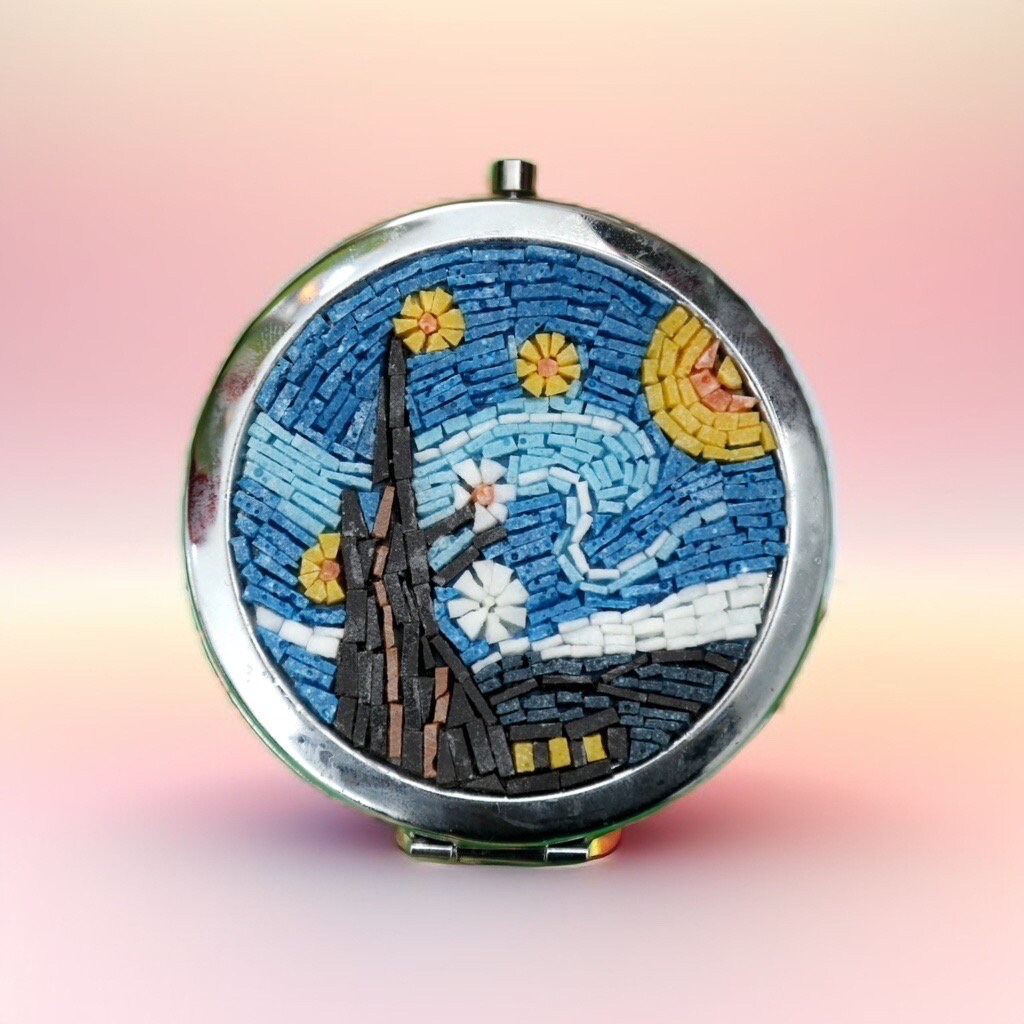 The starry night micro mosaic Makeup mirror , luxury Gift for her , Handmade hand Mirror