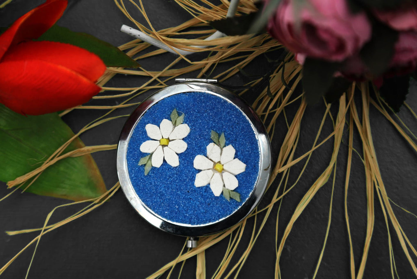 Daisy flowers micro mosaic Makeup mirror , luxury Gift for her , Handmade hand Mirror