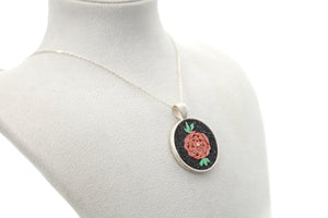 Flowers necklace  micro mosaic jewellery , luxury Gift for her , Handmade Red Flowers Silver Pendant