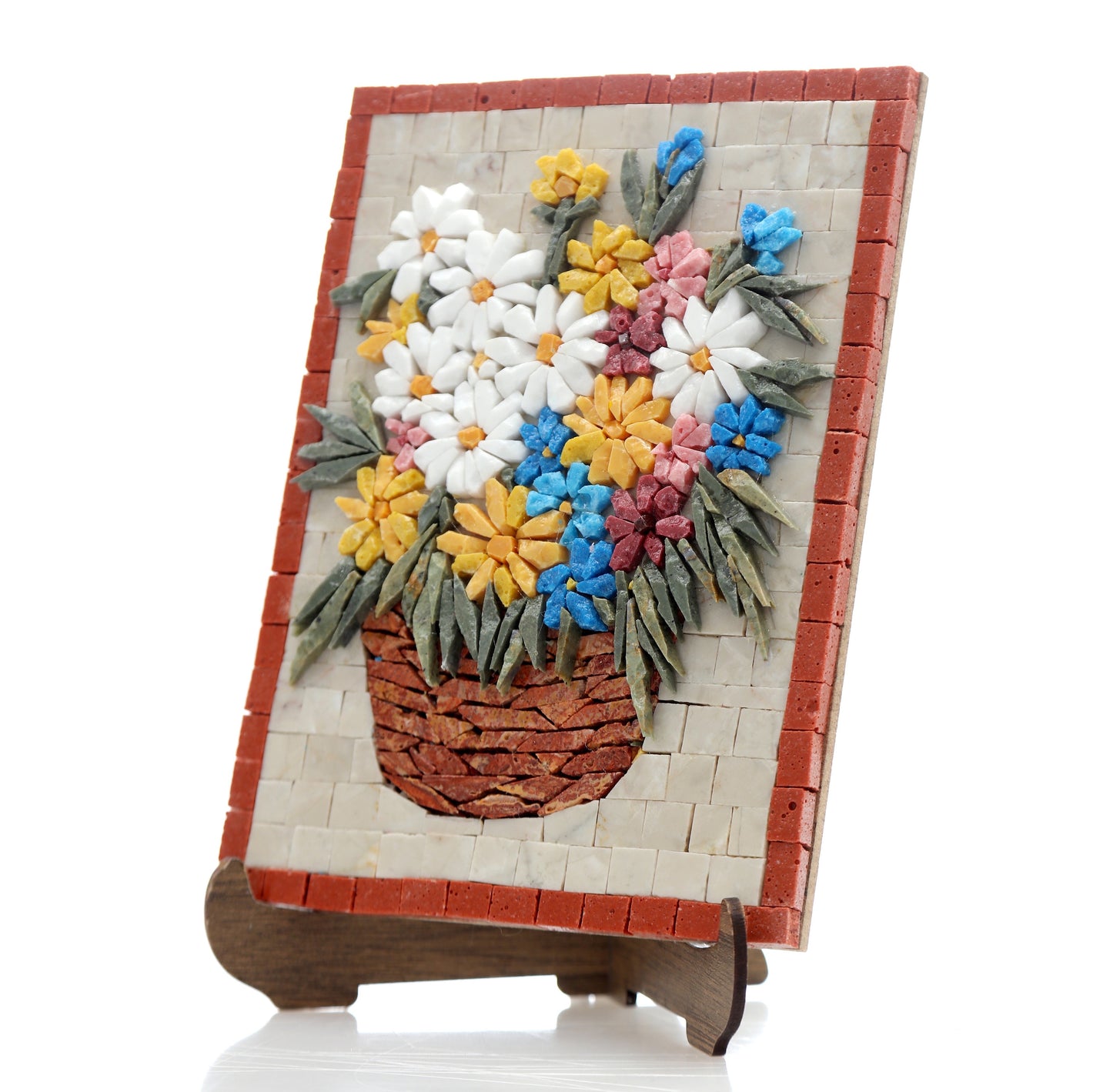 Colorful Flower Mosaic Basket Marble Tile Art | Flower Mosaic Wall Art For New House Decoration | Flower Lover Gift