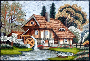 Cottage in Nature Wall Art Mosaic Tile Artwork Landscape Marble Mosaic Murals Custom Natural Stone Mosaic