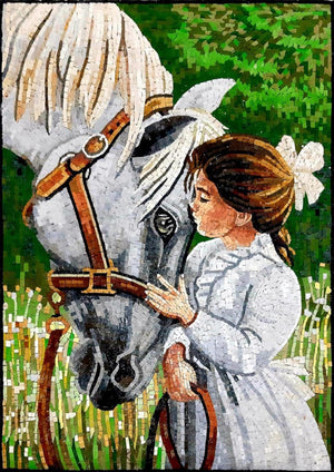 Little girl with Horse Wall Art, Mosaic Wall Decor, Office Wall Decor, Animal Wall Art - Marble Art for Home Decor